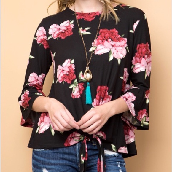 Black and Rose Floral Tie Front Top - Picture 1 of 1